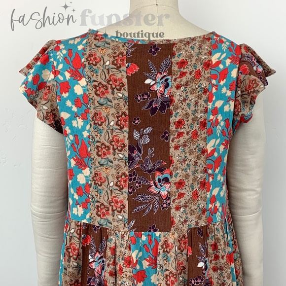 Blue B Patchwork Flutter Sleeve Floral Print Short Tiered Mini Swing Tunic Dress - Picture 11 of 15